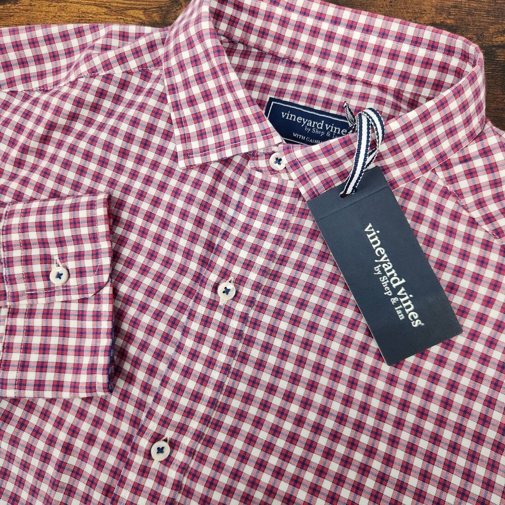 NEW Vineyard Vines Classic Cashmere Blend Shirt Mens‎ Small Red Blue White Check